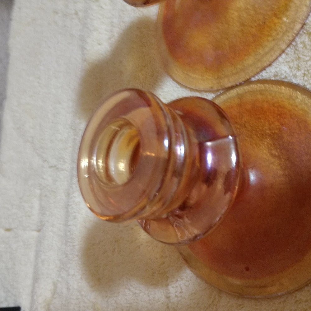 SOLD Vintage Depression Glass Amber Candlestick holders set of 2 - Picture 8 of 8